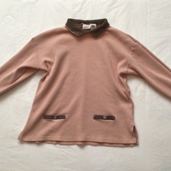 Newport News 3/4 sleeve pink top with grey/brown neck & pocket trim - Picture 5 of 10